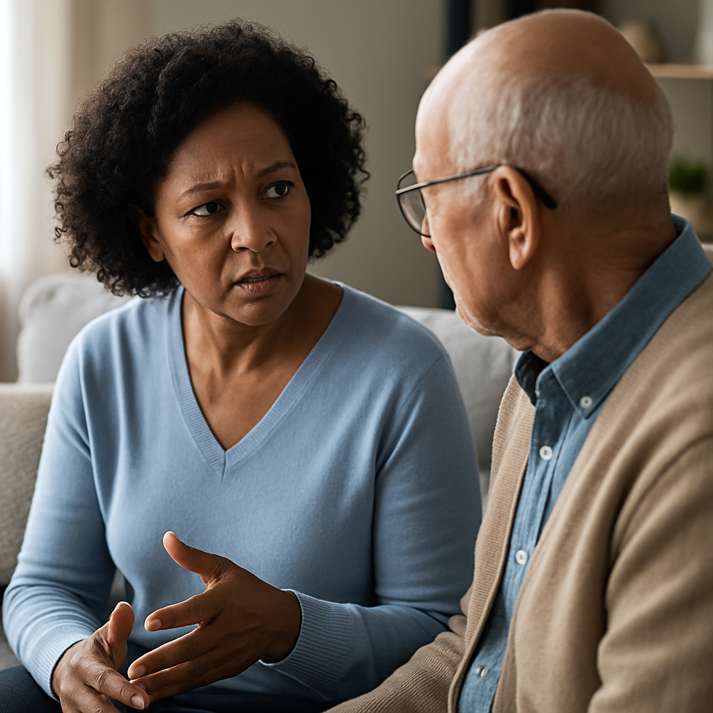 Concerned adult daughter talks with her elderly father about a serious issue