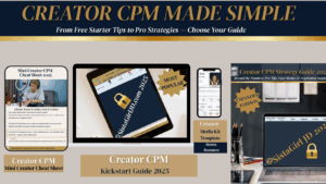 Creator CPM guides for influencers — Mini Cheat Sheet, Kickstart Guide, and Strategy Guide with media kit bonus."