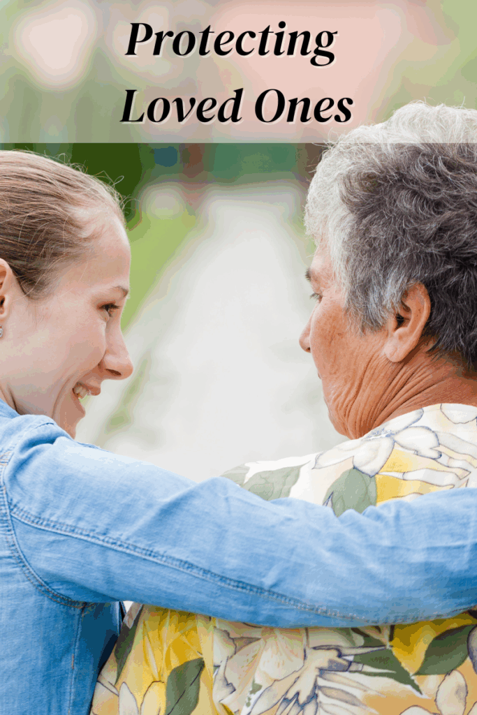 Young woman with arm around an elderly woman, symbolizing care, protection, and advocacy for families and elders