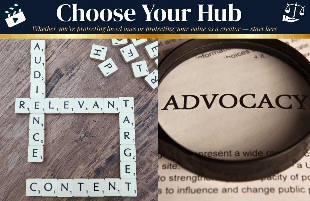 Split-screen hero image with Scrabble tiles spelling 'Audience, Relevant, Target, Content' on one side and the word Advocacy under a magnifying glass on the other, representing Creator Monetization Hub and Advocacy Hub."