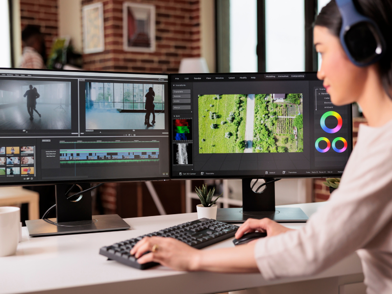 Content creator editing videos on dual monitors, symbolizing versatile services like social media posts, reels, YouTube features, and brand collaborations.