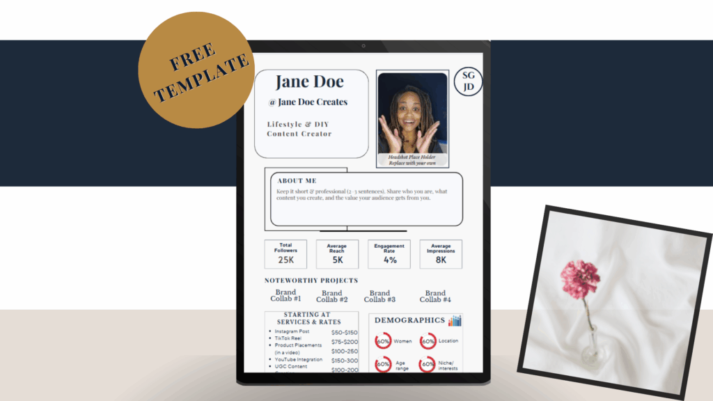Hero mockup of the free Canva media kit template displayed on a tablet, Sista Girl JD.