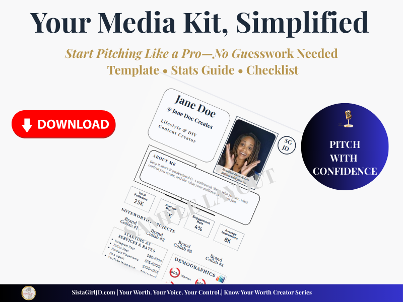 Free Canva media kit template download promo with “Your Media Kit, Simplified” headline and red download button.