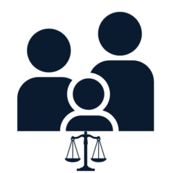 Icon representing family legal support, showing family silhouettes and scales of justice.