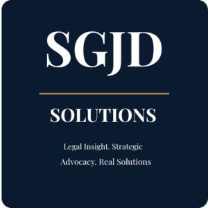 SGJD Solutions legal services logo in navy and gold