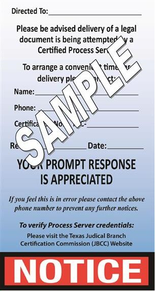 Legal notice posted on a residential door after an attempted service of process in Texas.
