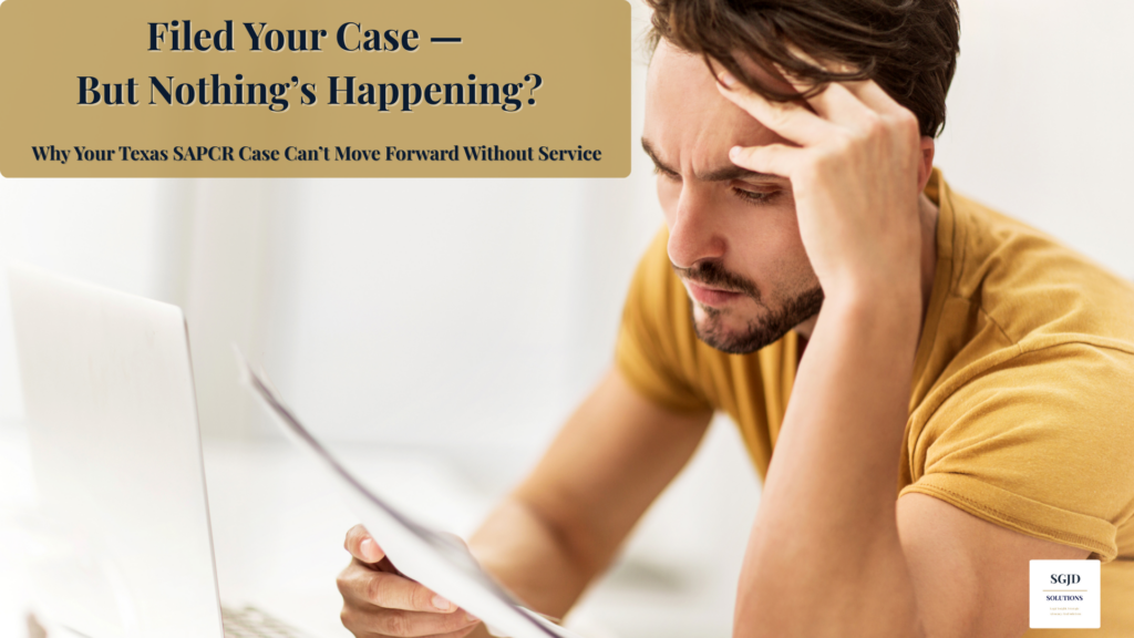 Father reviewing court papers related to service of process in a Texas SAPCR paternity case