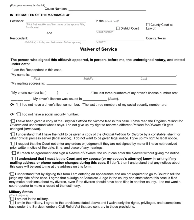 Texas waiver of service form used in a SAPCR when the other parent agrees to waive formal service