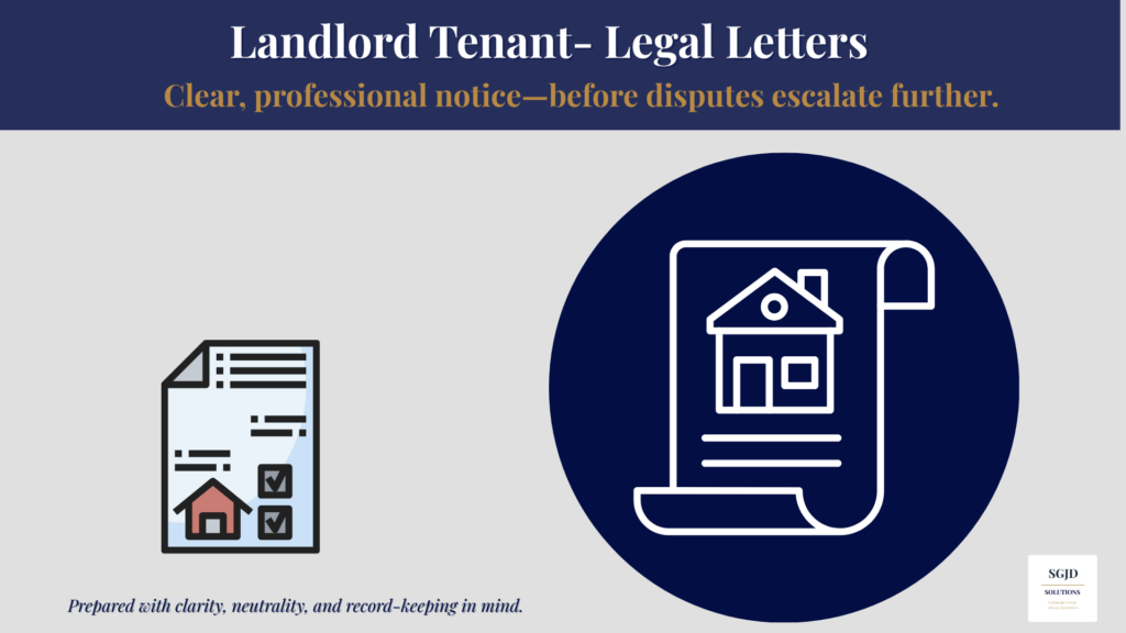 Landlord tenant legal letters illustration showing housing document and notice scroll