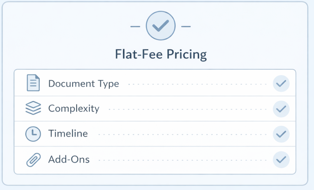 Illustration showing flat-fee pricing factors for legal document drafting, including document type, complexity, timeline, and add-ons