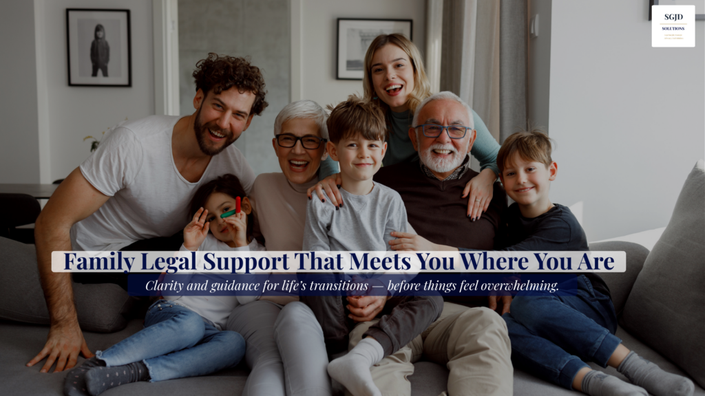 Multigenerational family sitting together at home, representing family legal support and planning