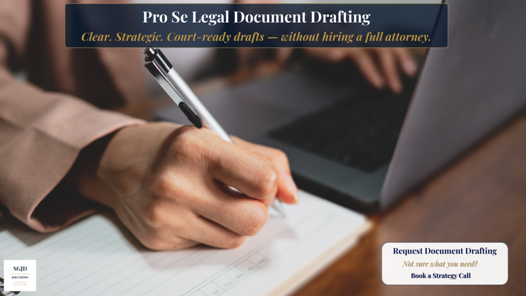 Pro se legal document drafting workspace with person writing a formal document next to a laptop