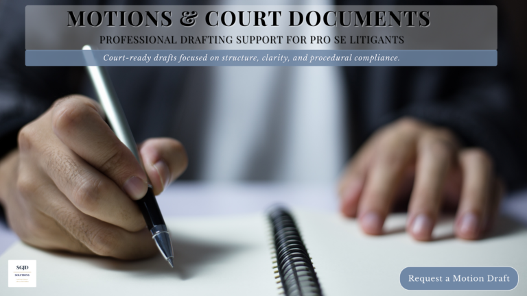 Close-up of a person drafting a court document by hand, representing professional motion and legal document drafting support for pro se litigants.