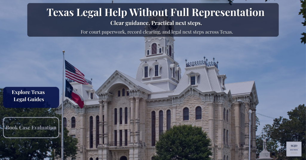 Texas courthouse building representing Texas legal help and pro se legal resources offered by SGJD Solutions