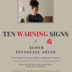 cover image for free elder financial abuse checklist-shows woman looking concerned at laptop