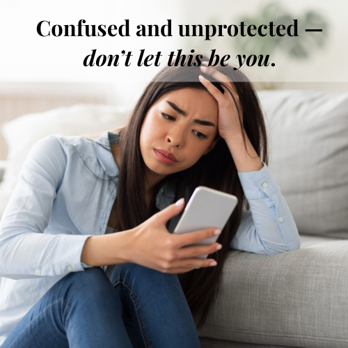 Concerned young woman looking at phone — confused and unprotected