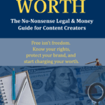 Cover of the “Know Your Worth™ Content Creator Guide” by Sista Girl JD, showing a blue and gold design with icons for contracts, money, and content creation.