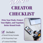Cover of the "Know Your Worth™ Creator Checklist" – $3 instant download legal and income guide for content creators to price work, protect rights, and negotiate brand deals.
