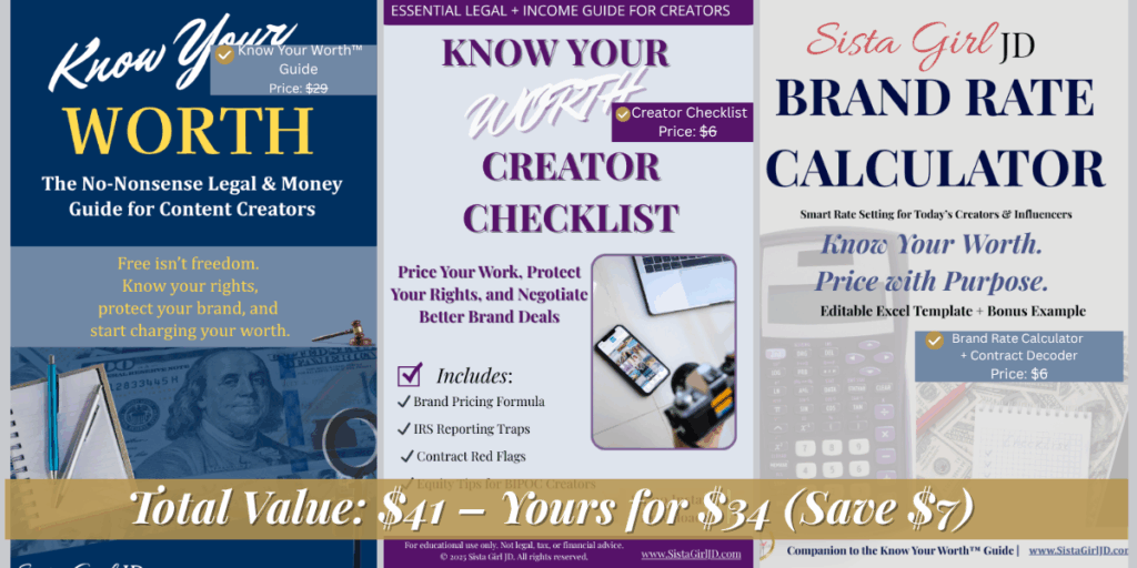 Know Your Worth Creator Bundle contents showing Guide, Creator Checklist, and Brand Rate Calculator with individual prices and total value $41, bundle price $34, save $7