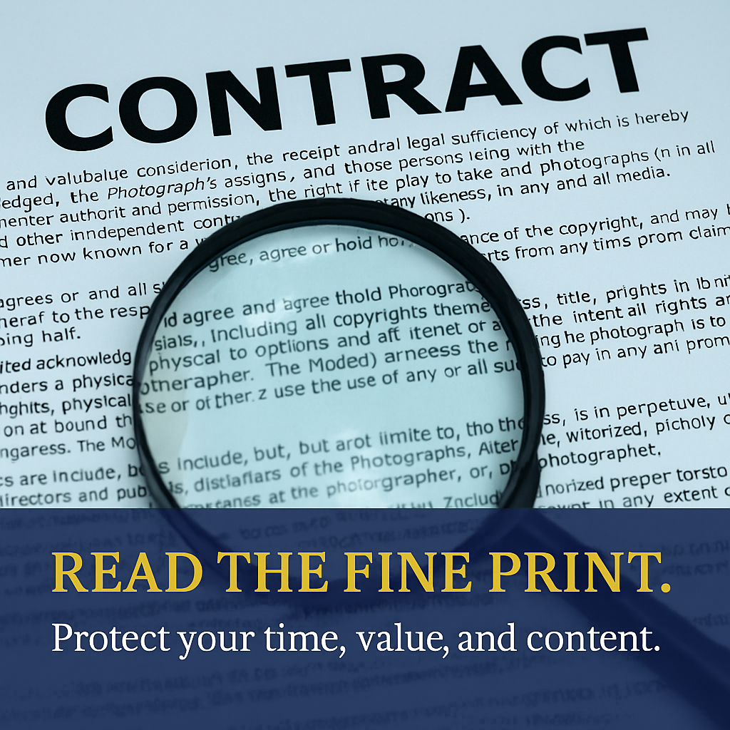 Magnifying glass highlighting the word CONTRACT on a legal document, symbolizing the importance of reading fine print in brand deals.