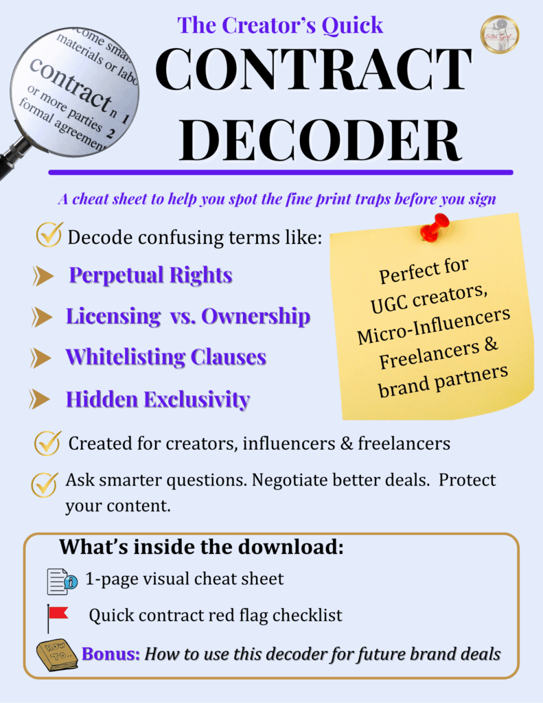 Contract Decoder Cheat Sheet for creators, influencers, and freelancers to spot red flags in brand contracts.