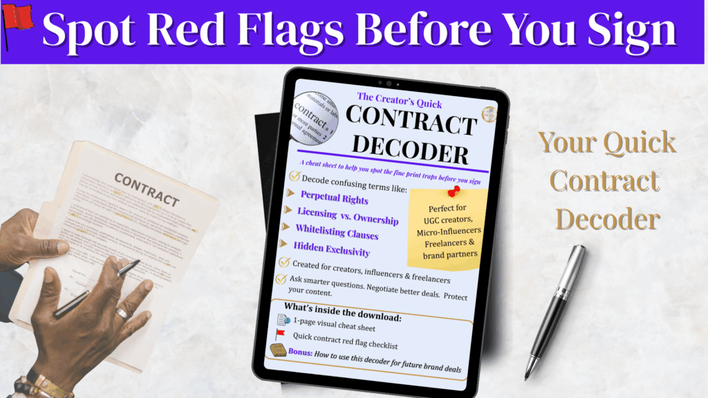 Hero image for the Creator’s Quick Contract Decoder cheat sheet, showing mockup and red flag warning.