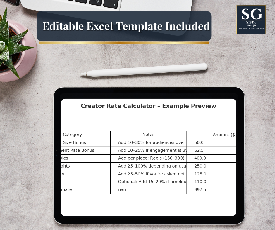 Tablet mockup preview of the Creator Rate Calculator Toolkit, showing the editable Excel template with example calculations for content creators