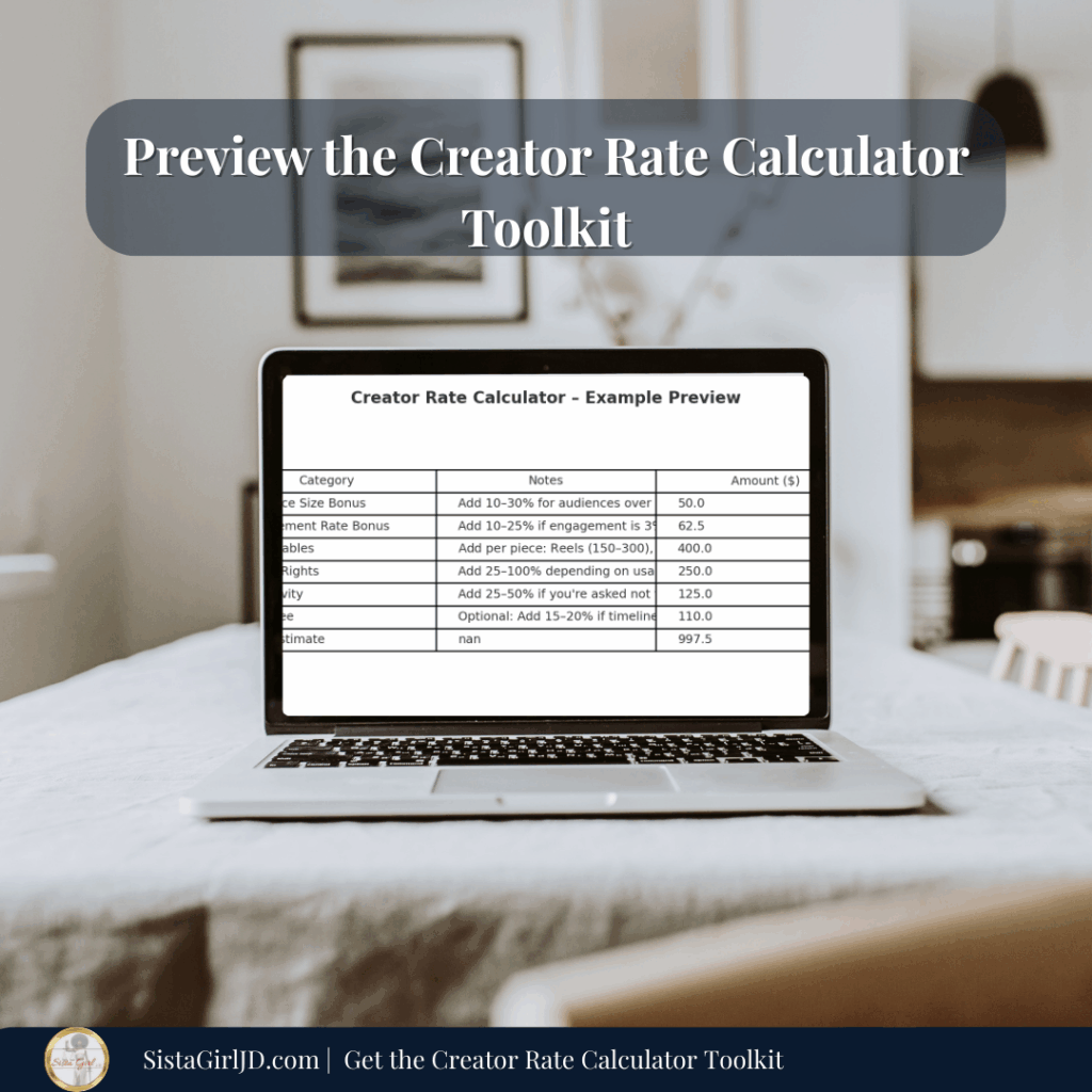 Preview of the Creator Rate Calculator Toolkit showing an editable Excel template for content creators to price brand deals.