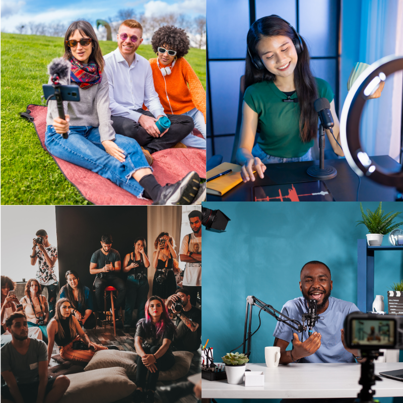 Diverse group of creators and influencers using cameras and microphone