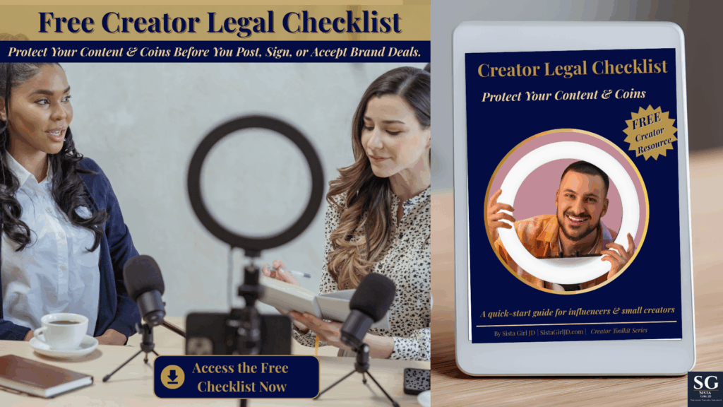 Two diverse creators filming content with microphones and ring light, alongside a tablet mockup of the Free Creator Legal Checklist.