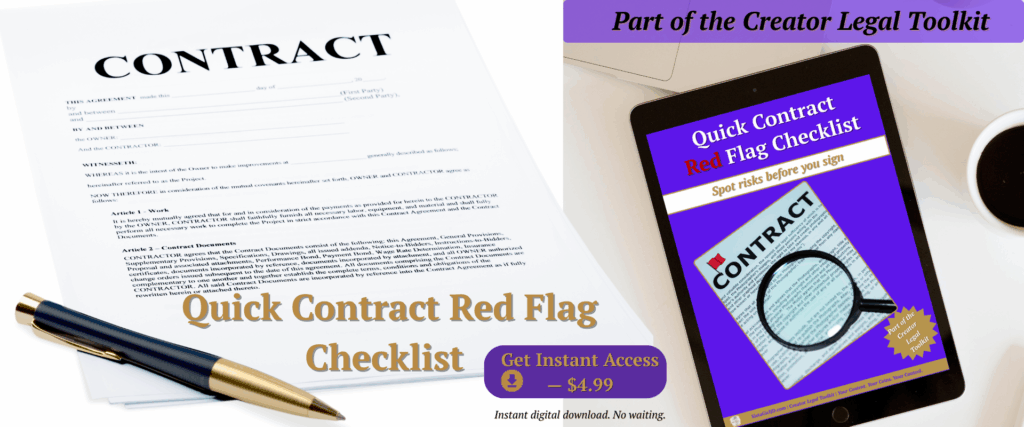Hero image showing contract with pen and digital checklist — Quick Contract Red Flag Checklist by Sista Girl JD.