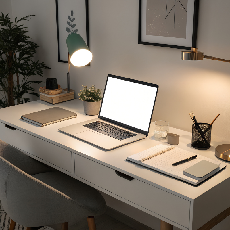 Minimal modern desk setup with laptop, lamp, and notebook symbolizing stress-free organization