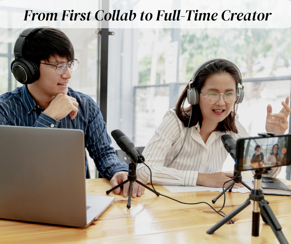 Two content creators recording a podcast with microphones, headphones, and a camera setup
