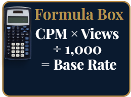 Formula example from the Creator CPM Kickstart Guide showing CPM times views divided by 1,000 equals base rate