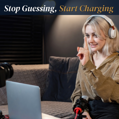 Content creator wearing headphones pointing at a laptop screen with text overlay saying Stop Guessing, Start Charging