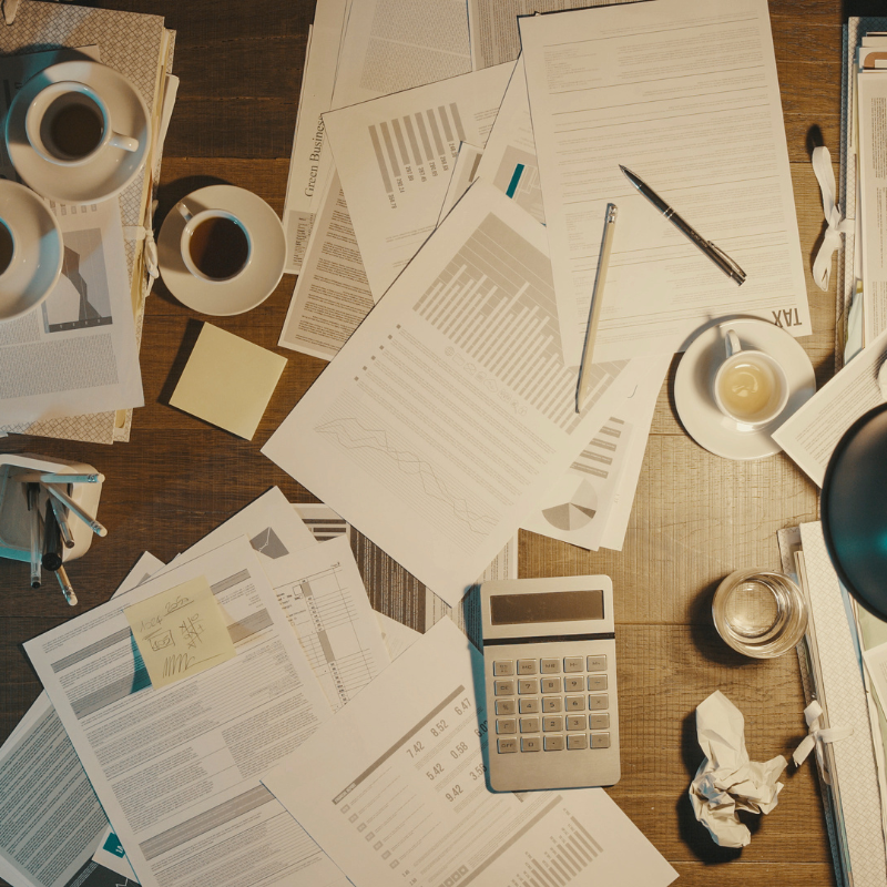 Messy desk covered in paperwork, receipts, and calculator showing disorganized finances