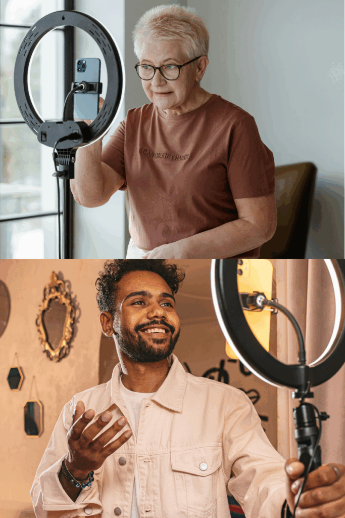 Creators of all ages using ring lights to film content — showing that the Creator Legal Mini Pack is designed for new and diverse creators.