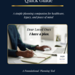 End-of-Life Essentials Quick Guide cover with navy background and gold lines, featuring a person writing at a desk