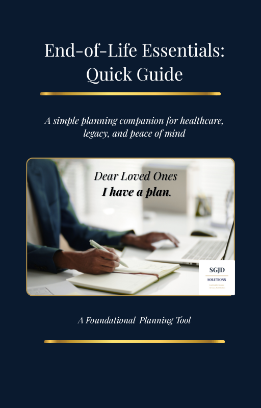 End-of-Life Essentials Quick Guide cover with navy background and gold lines, featuring a person writing at a desk