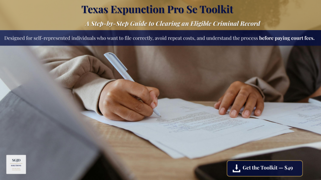 Person signing legal documents for a Texas expunction pro se filing