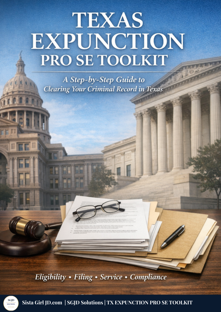 Texas Expunction Pro Se Toolkit cover showing courthouse imagery and legal documents