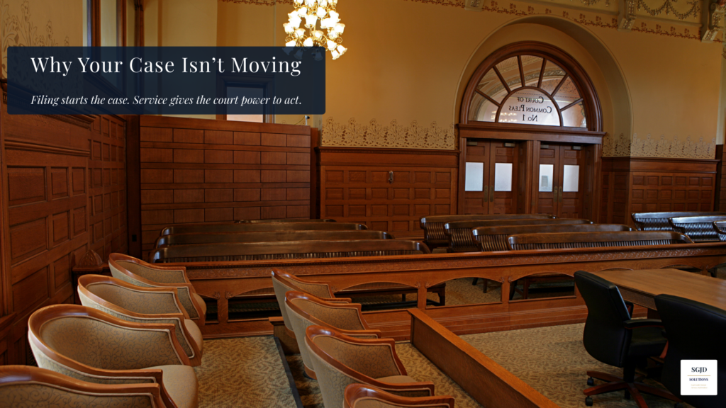 Empty Texas family courtroom representing a stalled case before service of process is completed
