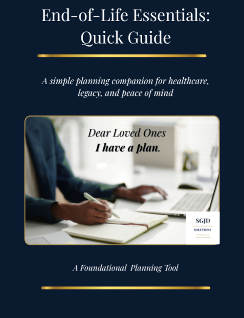 End-of-Life Essentials Quick Guide cover with navy background and gold lines, featuring a person writing at a desk